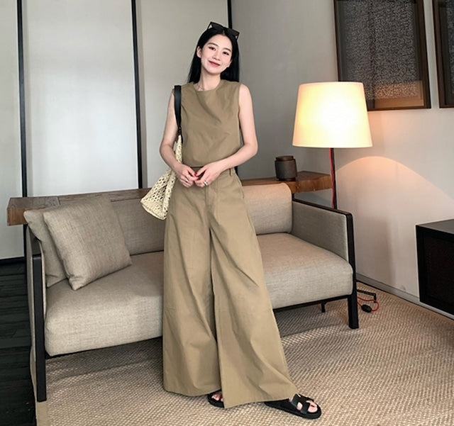 【Set】予約通販~2WAYノースリーブトップス×ワイドパンツセット W11809