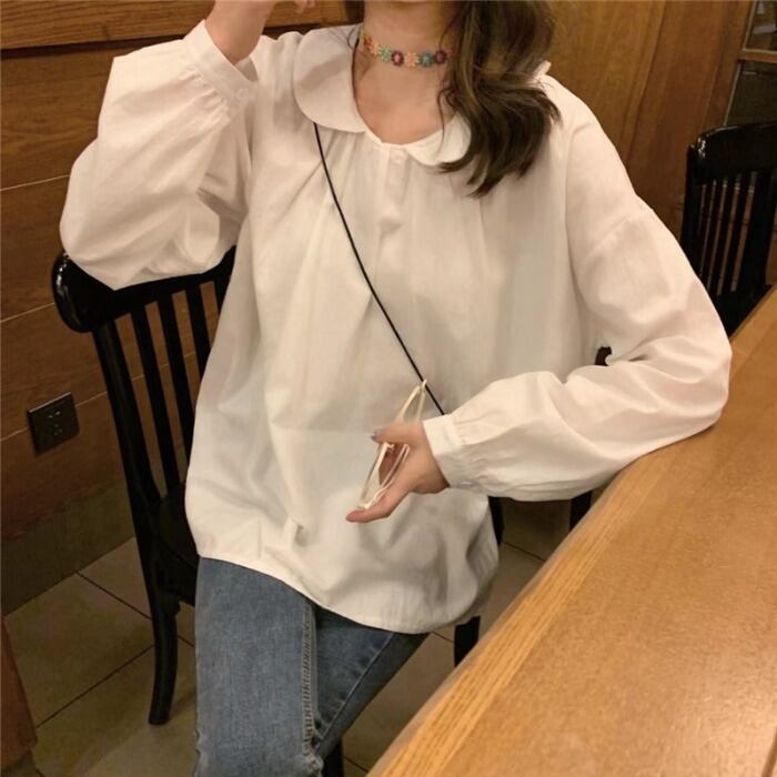 【tops】美人度アップ!韓国系スウィートデザインドールカラーセーターランタンスリーブシャツ