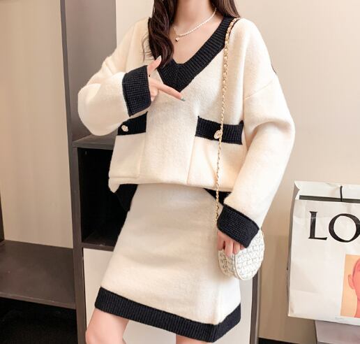 【set】韓国エレガントカシミヤプランジングネック2点セット