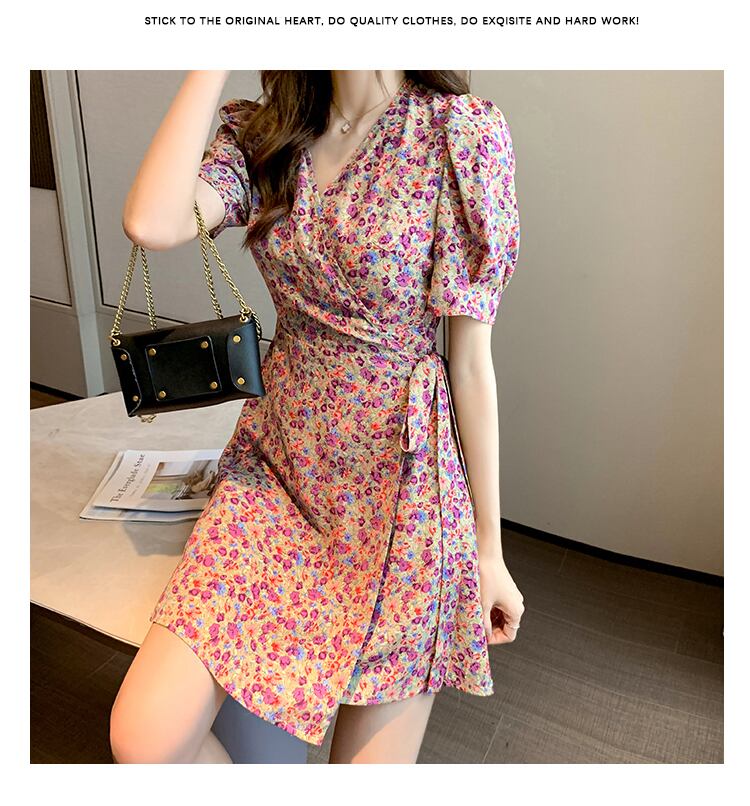 【dress】美人度アップ韓国系スウィート森ガール気質Vネック花柄シフォンスカート