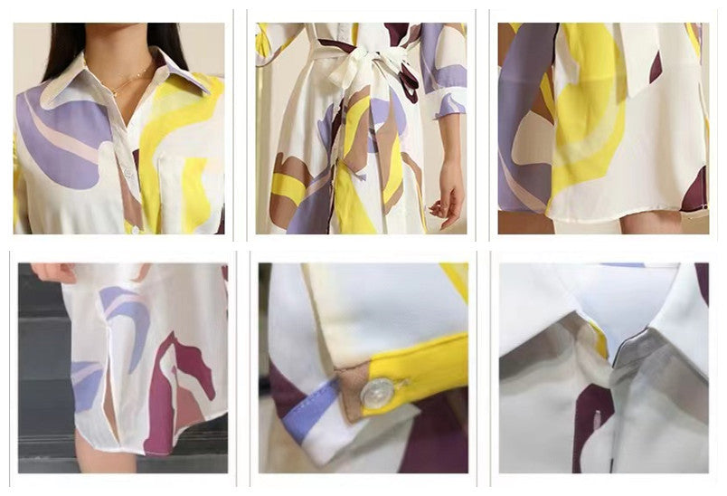 【Dress】高見え効果~ウエスト絞りプリントAライン半分袖シャツワンピース W-6225