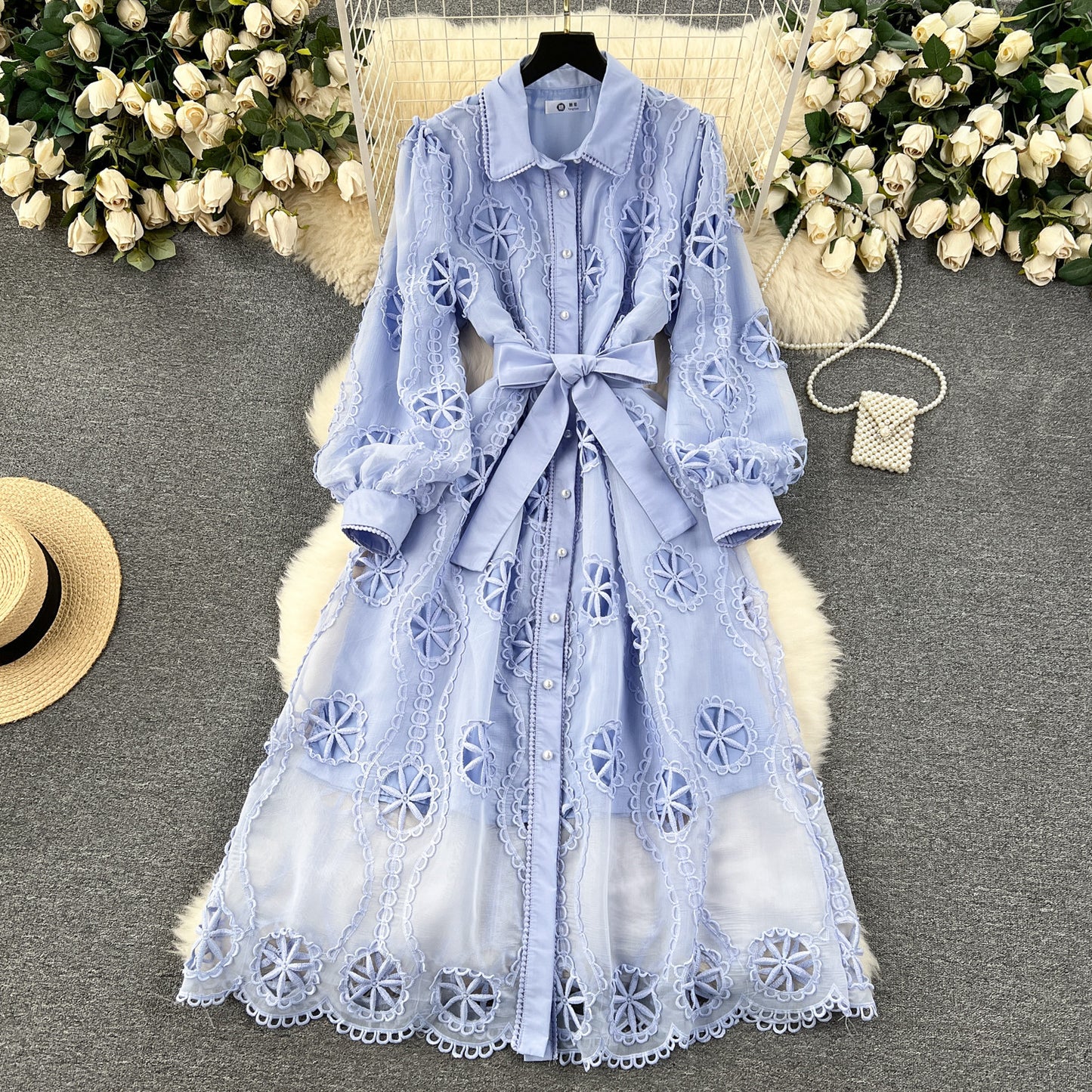 【Dress】透かし彫りシャツワンピース W14439
