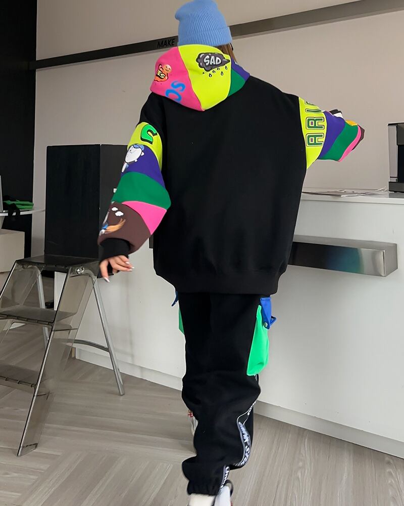 【tops】配色プリントフーディー T0141