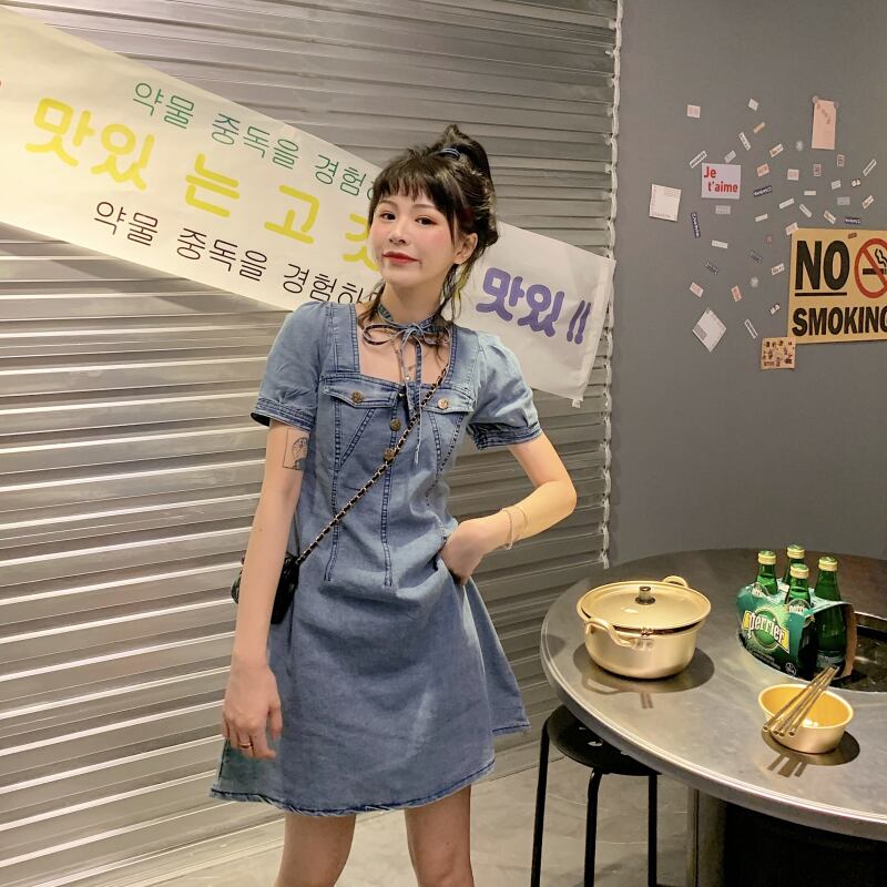 【dress】美人度アップ韓国系キャンパススクエアネックパフスリーブ気質デニムスカート