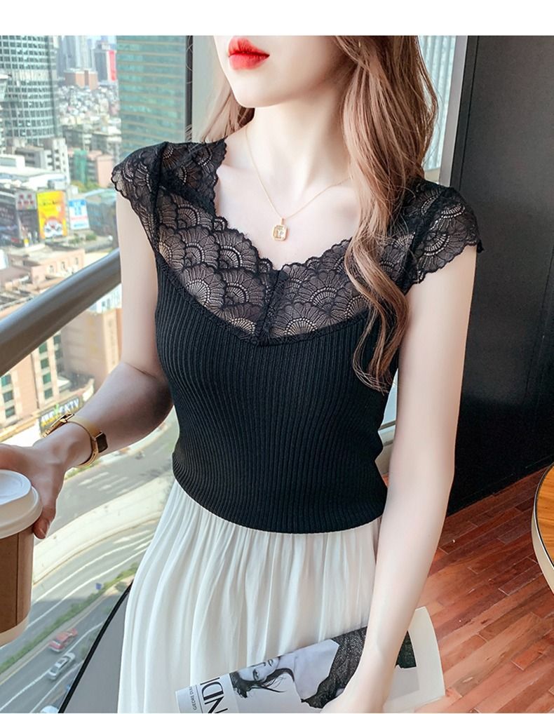【Tops】レース切り替えTシャツ W12442