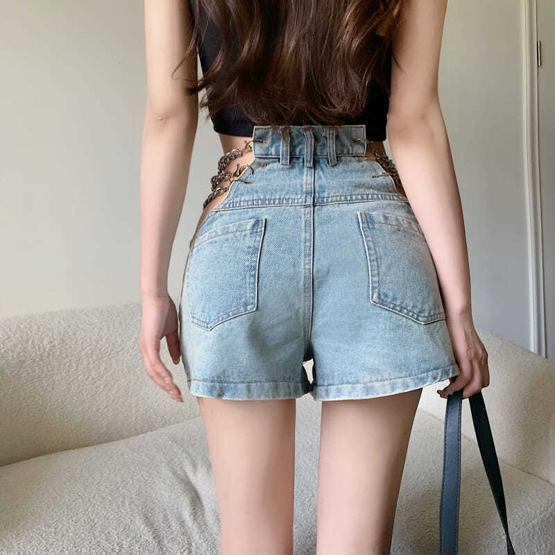 【Bottoms】韓国系ins風チェーン付きウエスト透かし彫り着瘦せショートパンツ Z-3804