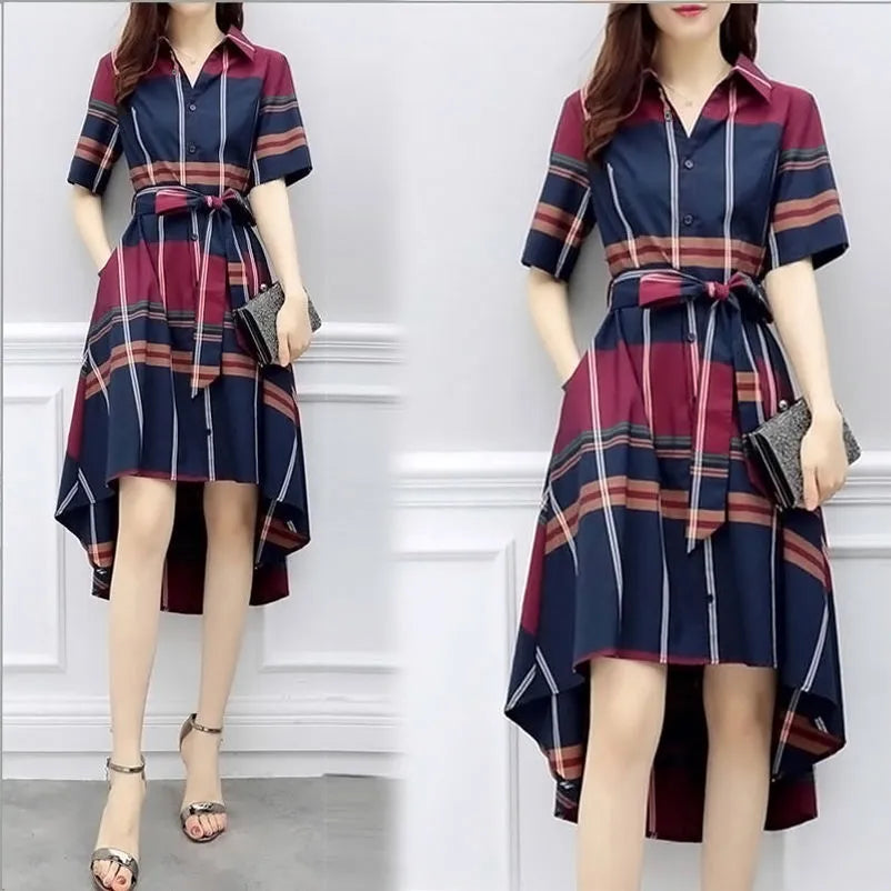 【Dress】大人らしい~夏季チェック柄半袖きれいめ不規則シャツワンピース W-6003