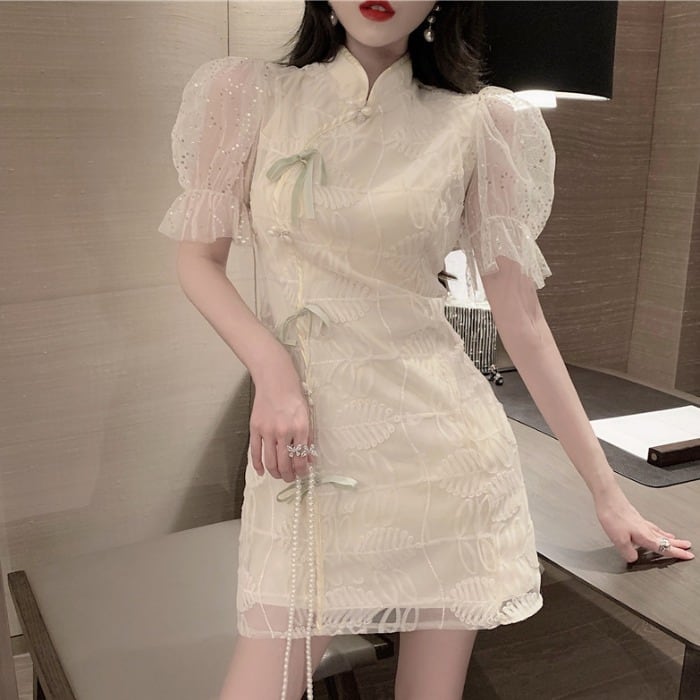【dress】美人度アップ!韓国系レトロパフスリーブ刺繍スタンドネックチャイナドレススカート