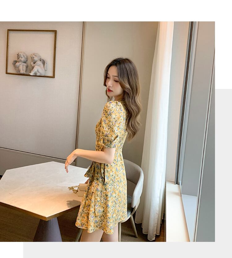 【dress】美人度アップ韓国系スウィート森ガール気質Vネック花柄シフォンスカート