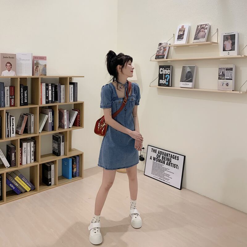 【dress】美人度アップ韓国系キャンパススクエアネックパフスリーブ気質デニムスカート