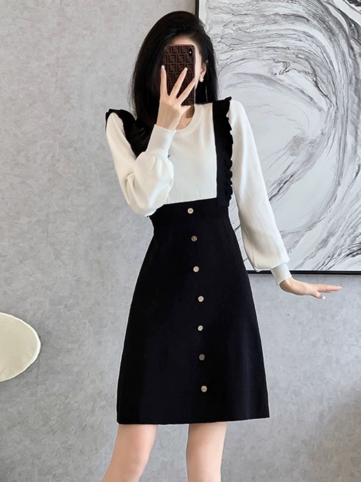 【Dress】フェイクレイヤードニットワンピース W9966