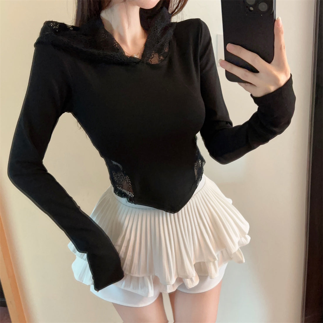 【Tops】レース切り替えTシャツ W11960