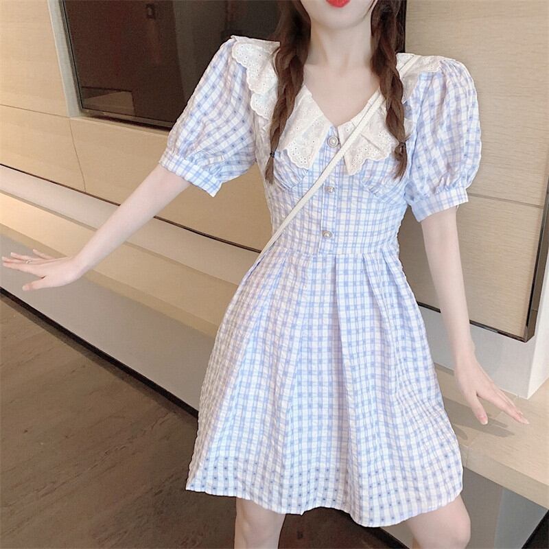 【dress】美人度アップスウィートドールカラーセーターパフスリーブ森ガールチェック柄スカート