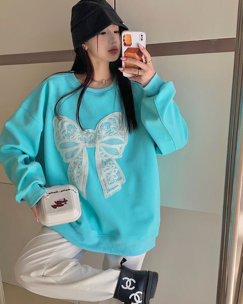 【tops】リボン柄スウェット T0126