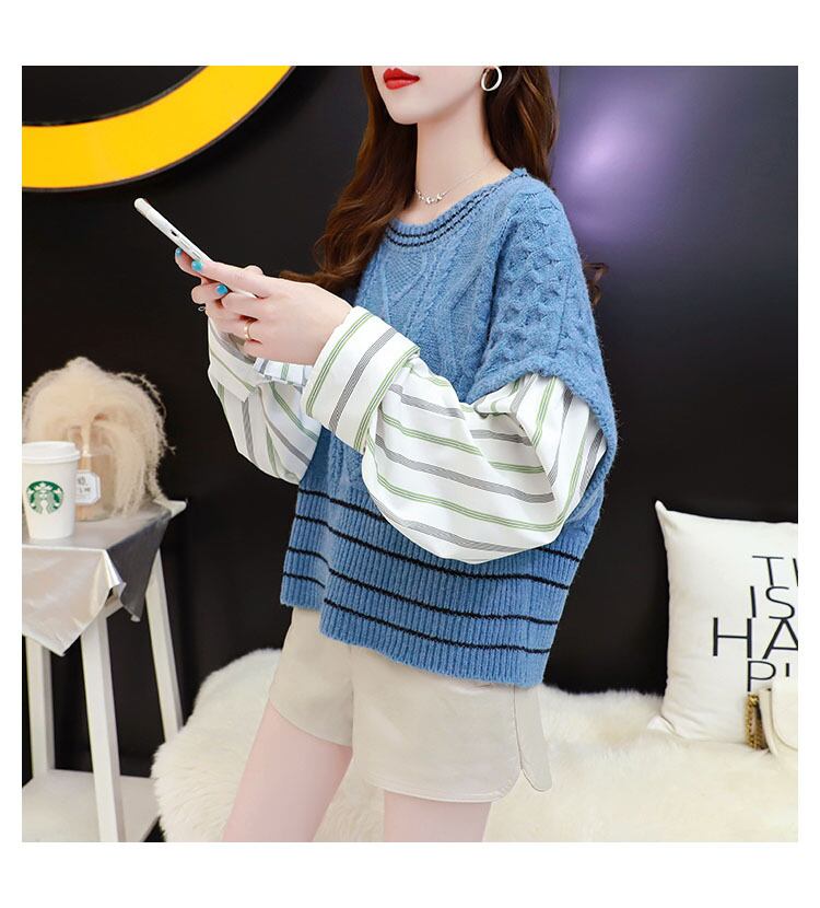 【tops】好感度UPスウィートラウンドネックシャツ切り替えセーター4色