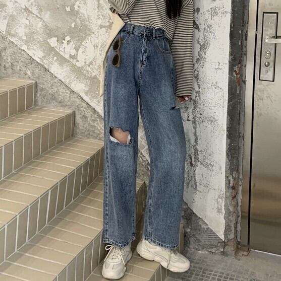 【bottoms】デニムワイドパンツダメージ加工
