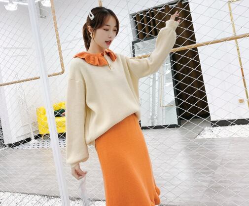 【set】韓国ガーリッシュペプラムスカーセーター2点セット