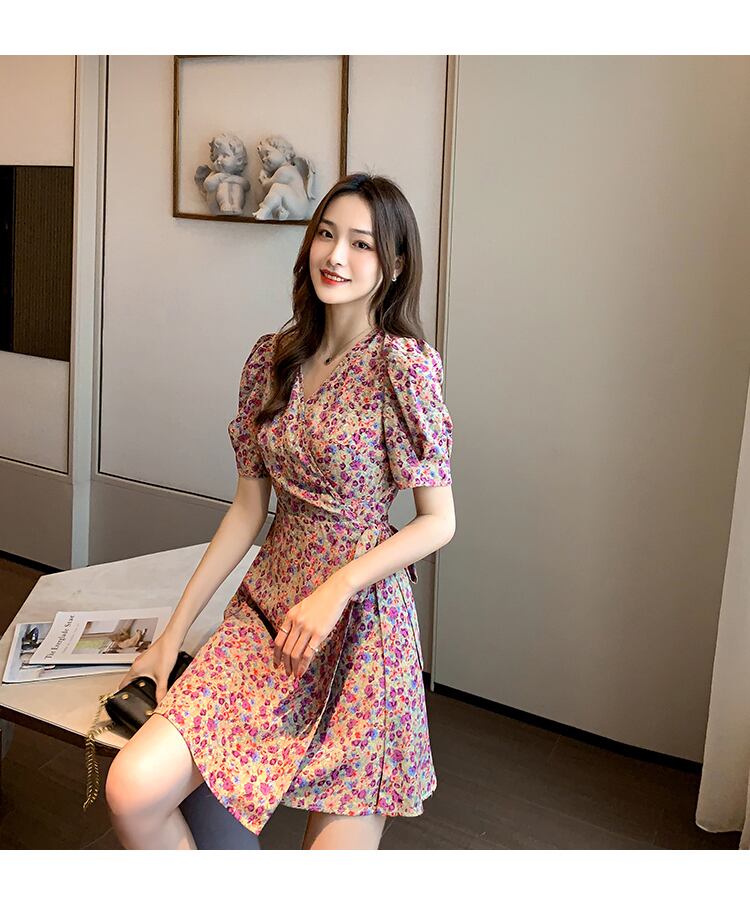 【dress】美人度アップ韓国系スウィート森ガール気質Vネック花柄シフォンスカート