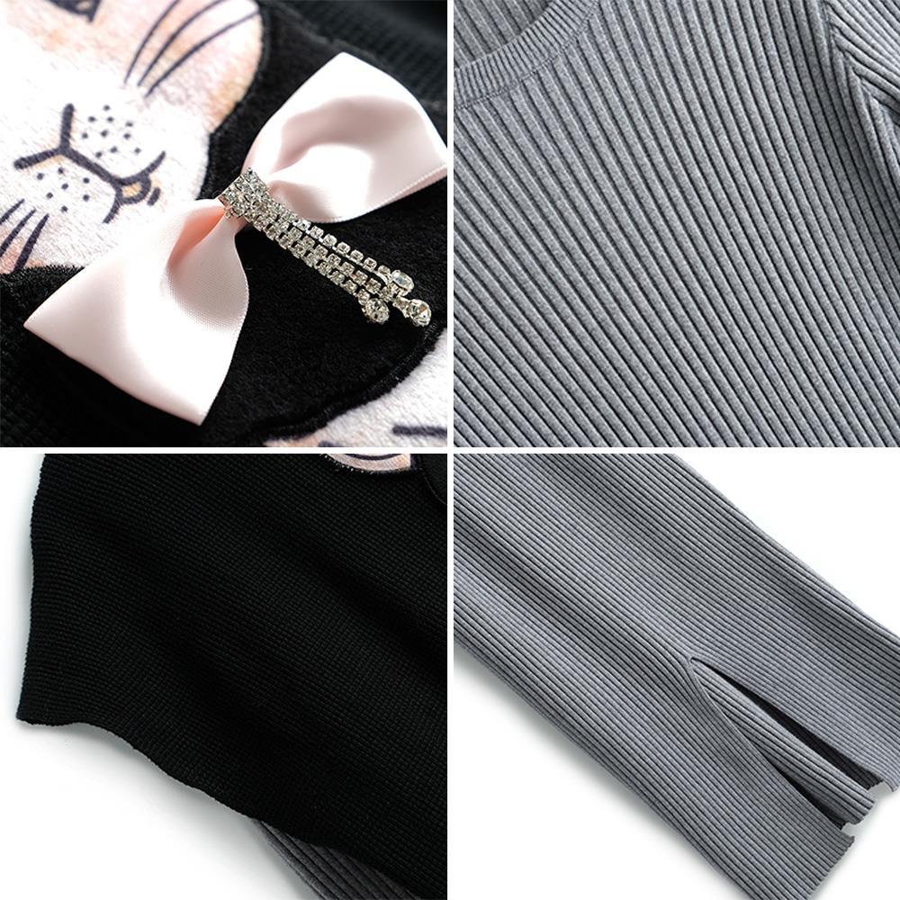 【Set】可愛い🐇ウサギプリント付きニットベスト +ロング丈ニットワンピース秋冬重ね着2点セット Z-4455