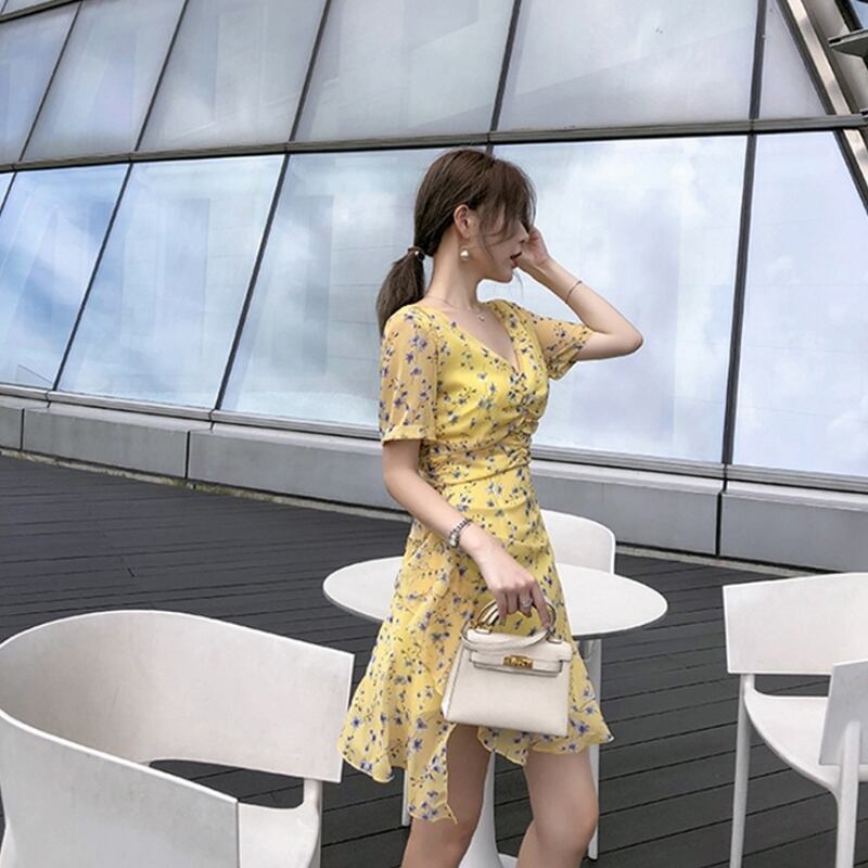 【dress】好感度UP!韓国系レトロスウィートVネック花柄スカート