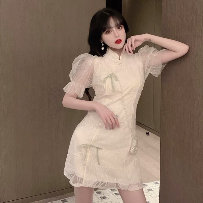 【dress】美人度アップ!韓国系レトロパフスリーブ刺繍スタンドネックチャイナドレススカート
