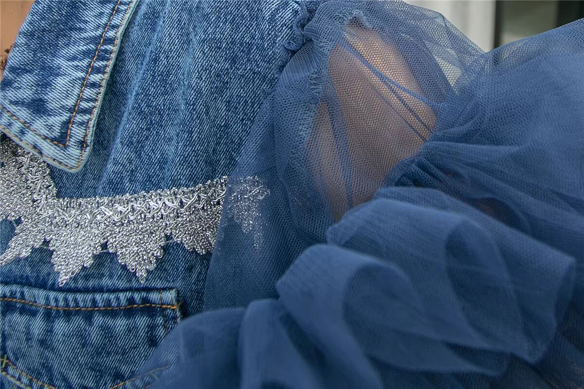 【tops】メッシュスリーブデニムトップスF6933