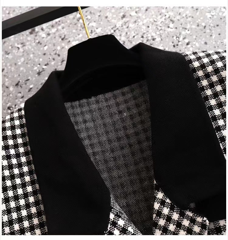 【Set】美人度アップ~フェミニン気質2点セット チェック柄ベスト +長袖ニットワンピース W-3057