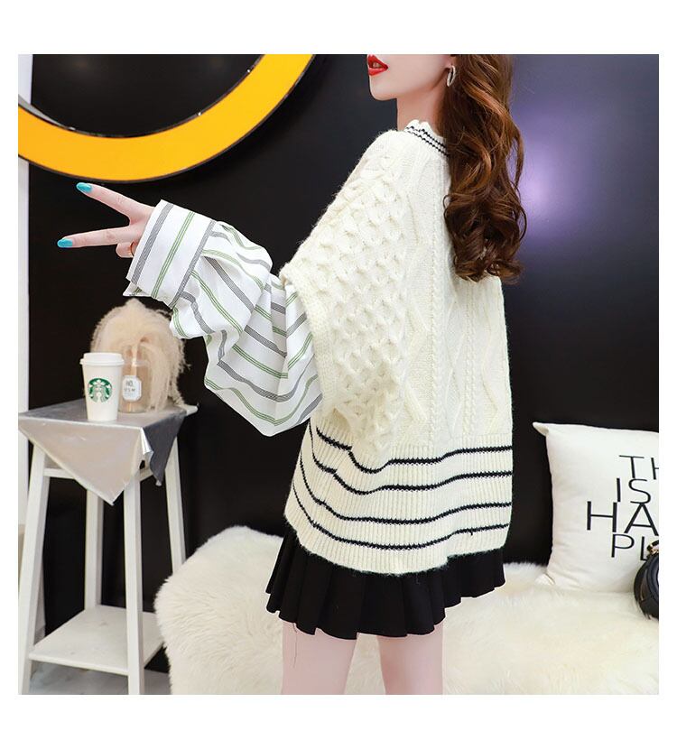 【tops】好感度UPスウィートラウンドネックシャツ切り替えセーター4色
