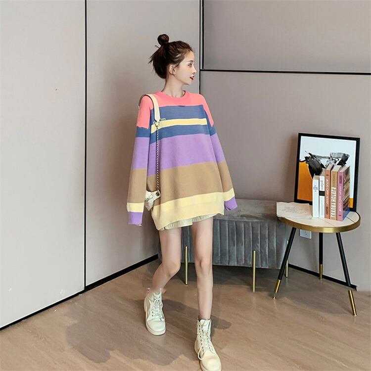 【tops】元気いっぱい大人可愛いくま切り替えストライプ柄セーター2色