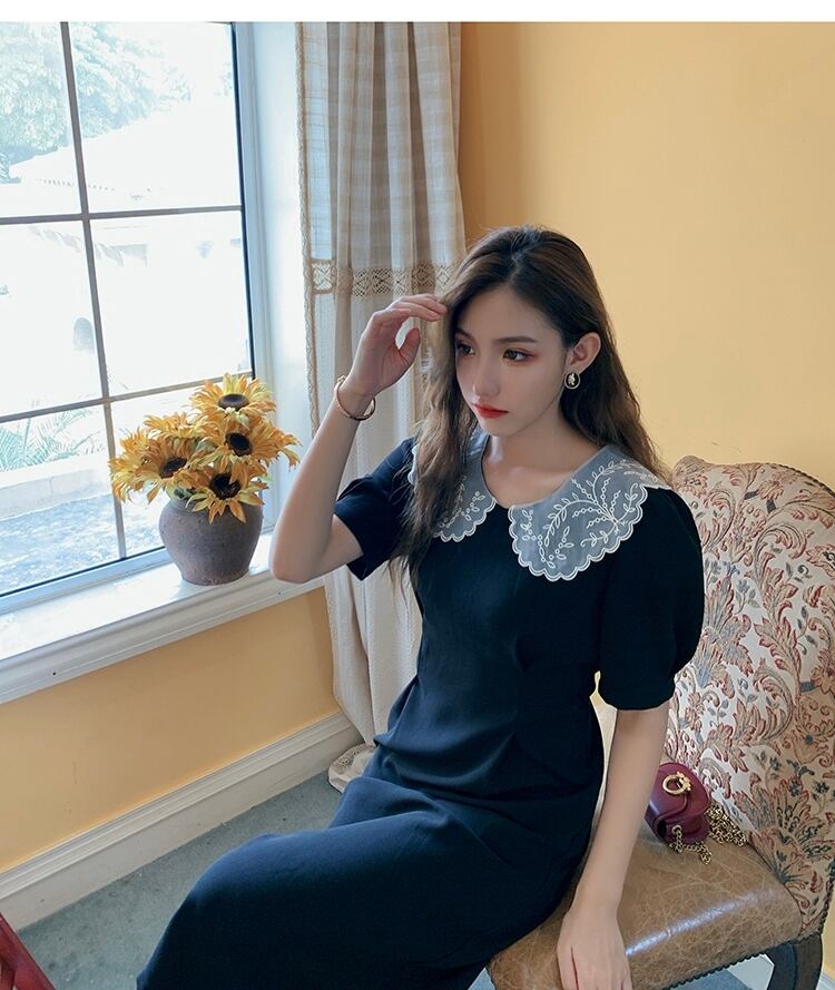 【dress】美人度アップ韓国系スウィート森ガールレース刺繍折り襟スカート