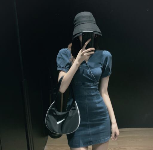 【dress】美人度アップ韓国系レトロVネックパフスリーブ気質デニムスカート