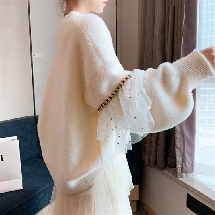 【tops】美人度アップランタンスリーブネット糸切り替え2色セーター