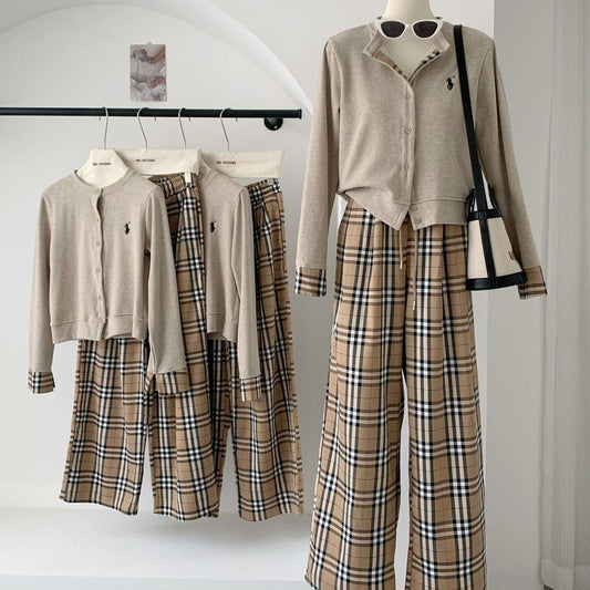 【Set】カーディガン+チェック柄パンツ2点セット T01431
