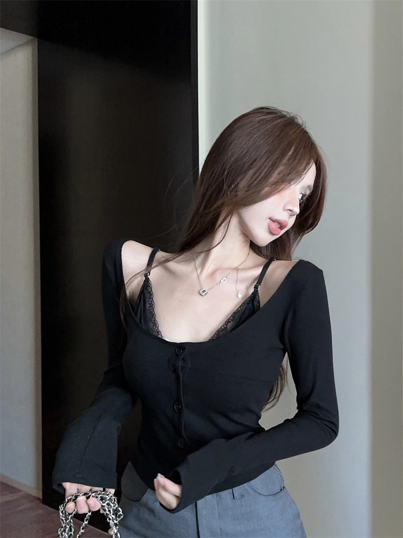 【Tops】レース切り替えニット W13194