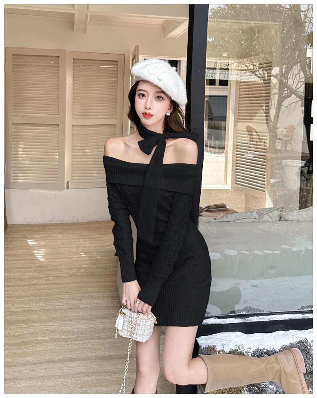 【Dress】リボンオフショルニットワンピース W14595