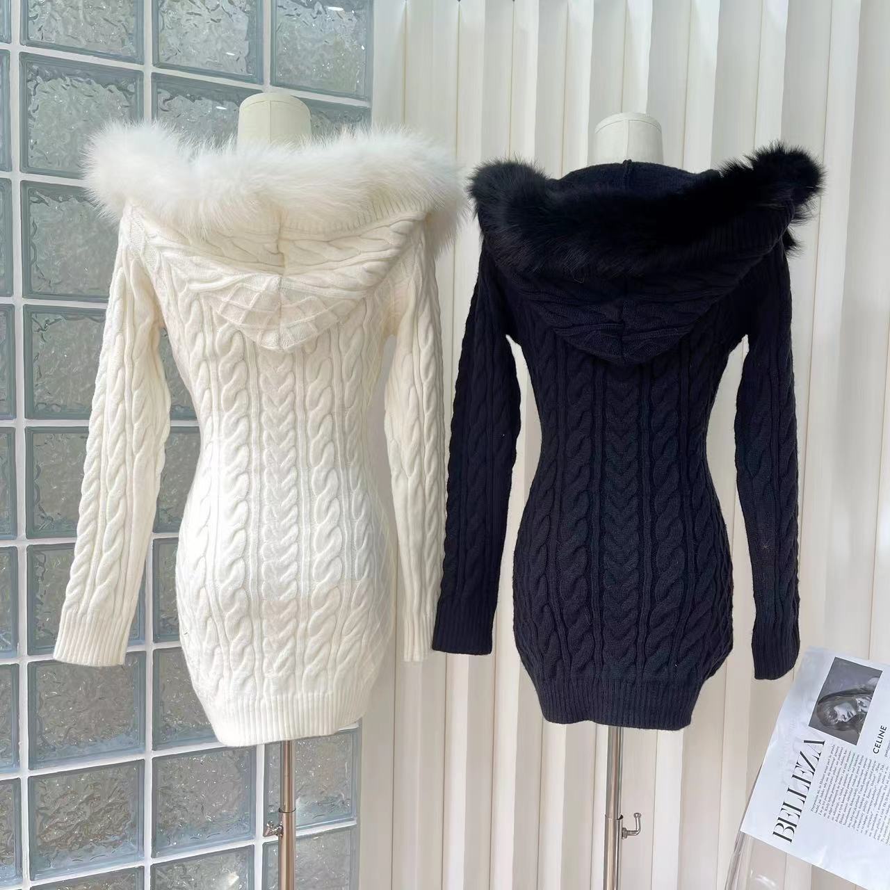 【Dress】新入荷~フード付きニットワンピース W9276