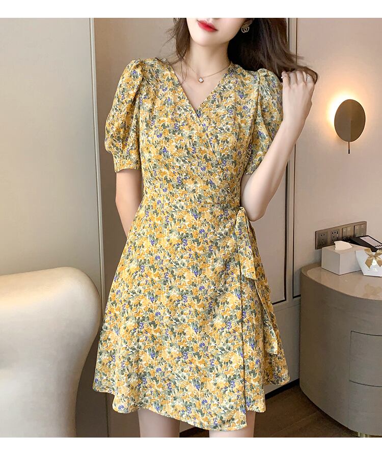 【dress】美人度アップ韓国系スウィート森ガール気質Vネック花柄シフォンスカート