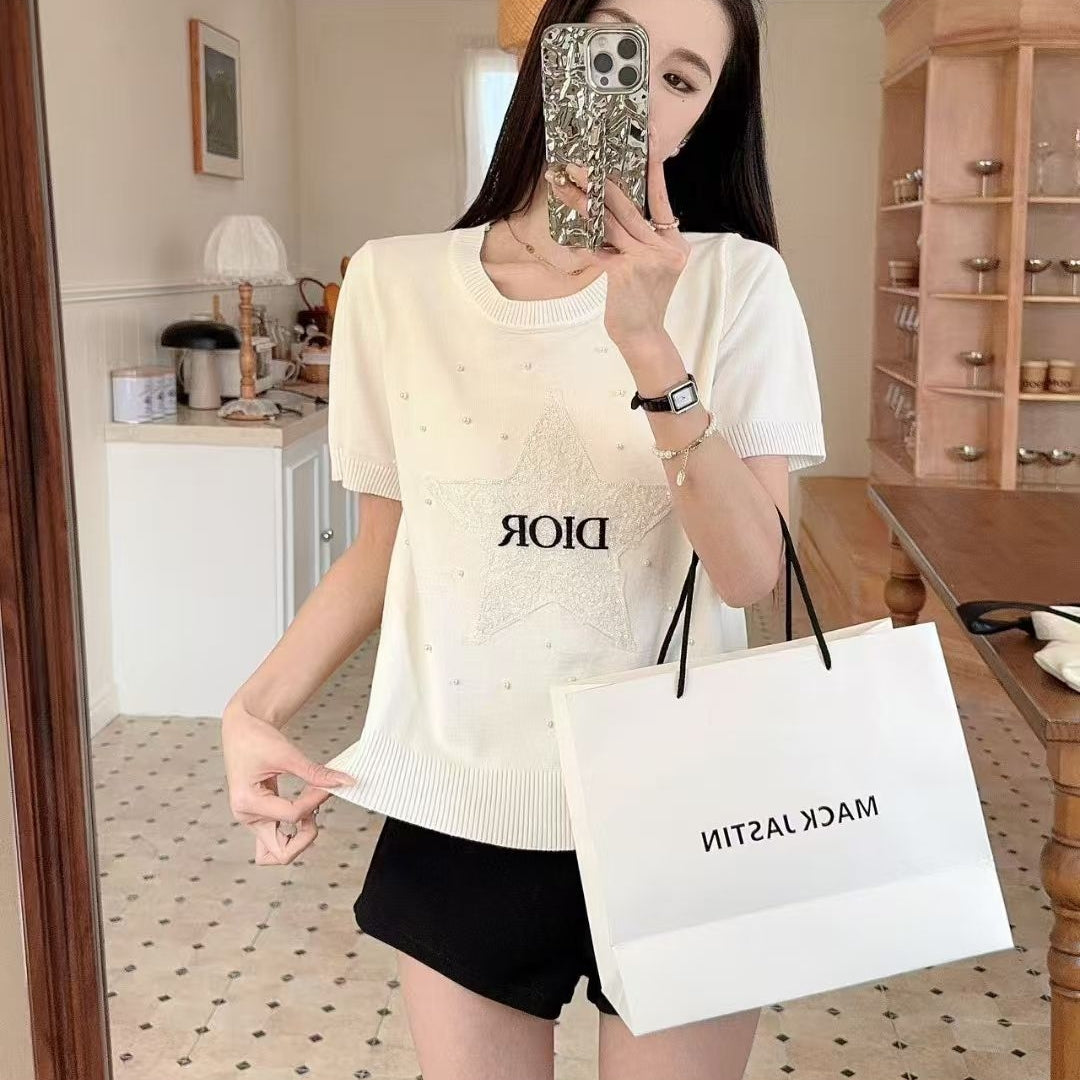 【Tops】 ビーズクルーネックTシャツ T01466