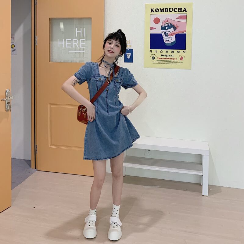 【dress】美人度アップ韓国系キャンパススクエアネックパフスリーブ気質デニムスカート
