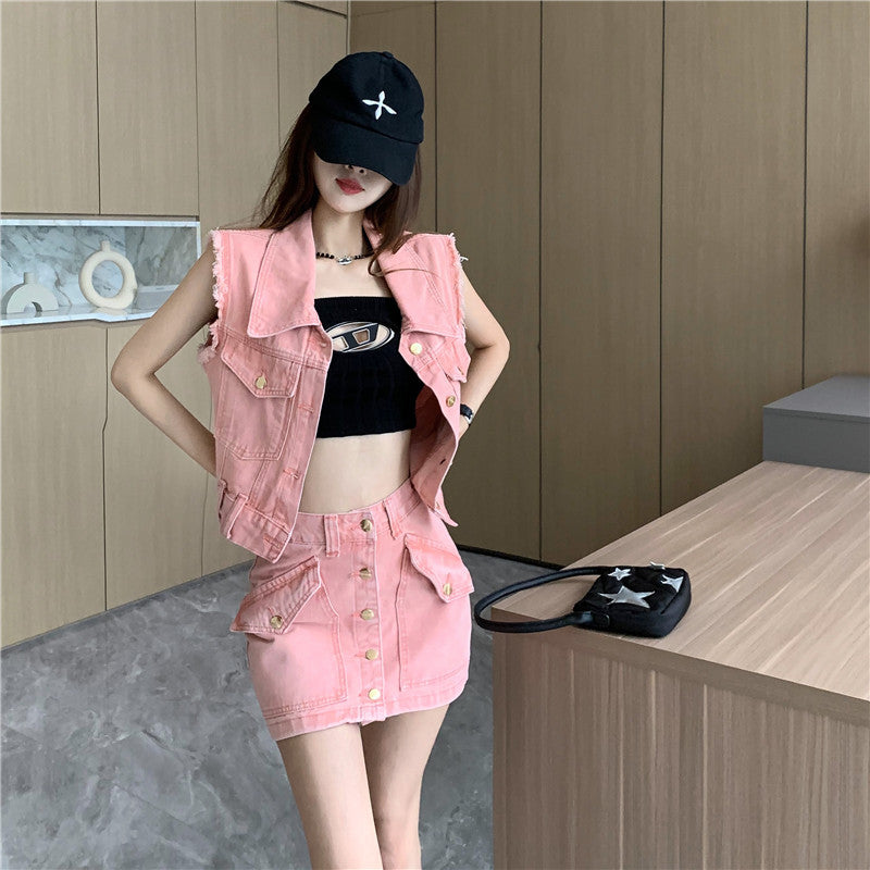 【Set】ベスト×スカートデニムセット W11938