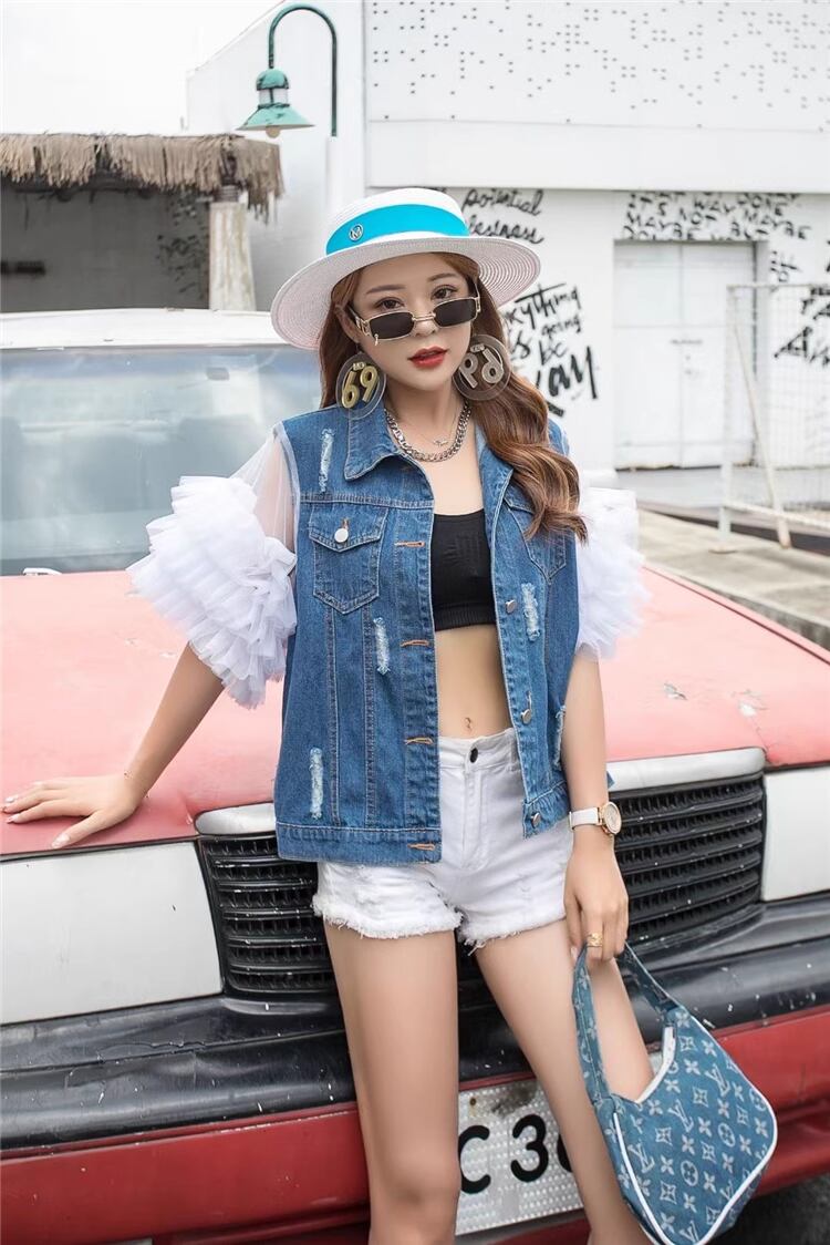 【tops】メッシュスリーブデニムベストF6941