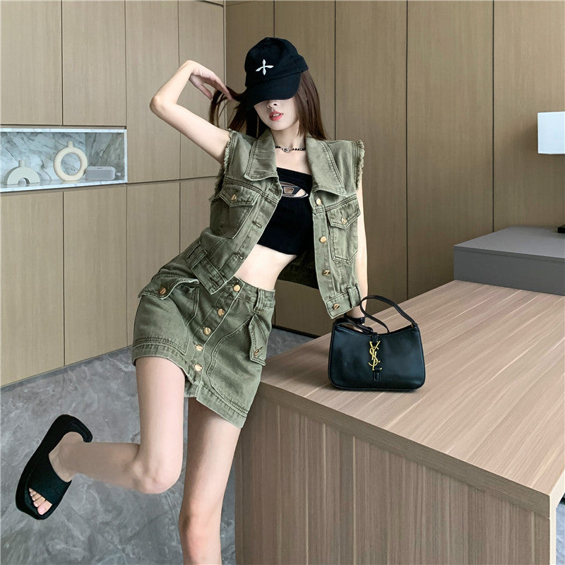 【Set】ベスト×スカートデニムセット W11938