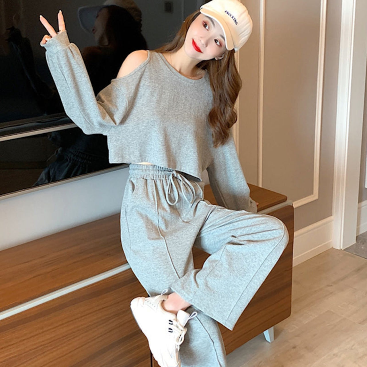 【Set】長袖Tシャツ+ワイドレッグパンツのセットアップ W13987