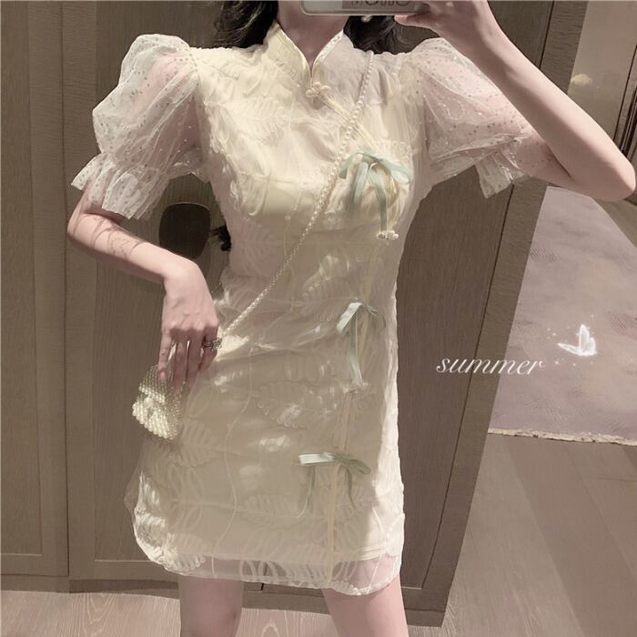 【dress】美人度アップ!韓国系レトロパフスリーブ刺繍スタンドネックチャイナドレススカート