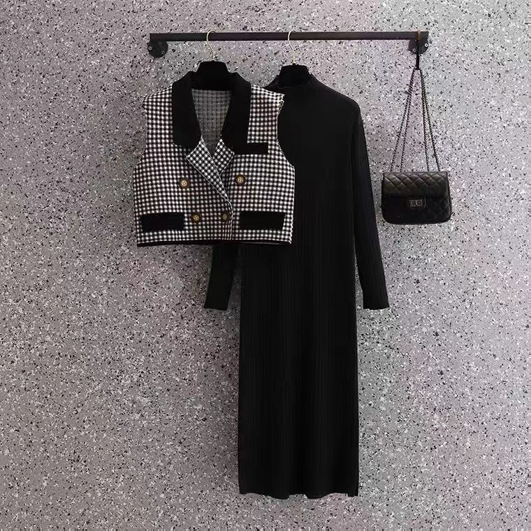 【Set】美人度アップ~フェミニン気質2点セット チェック柄ベスト +長袖ニットワンピース W-3057