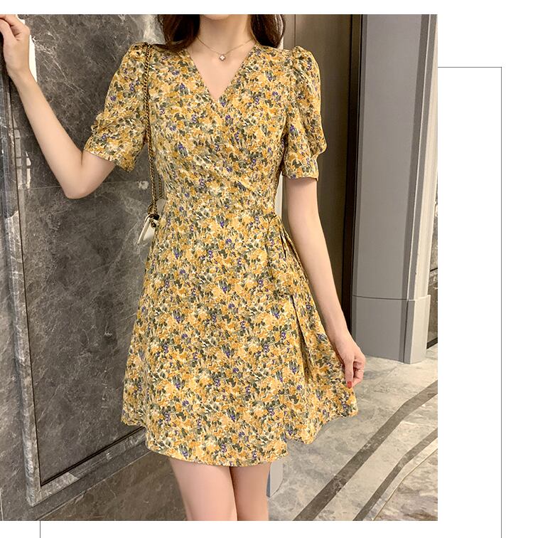 【dress】美人度アップ韓国系スウィート森ガール気質Vネック花柄シフォンスカート