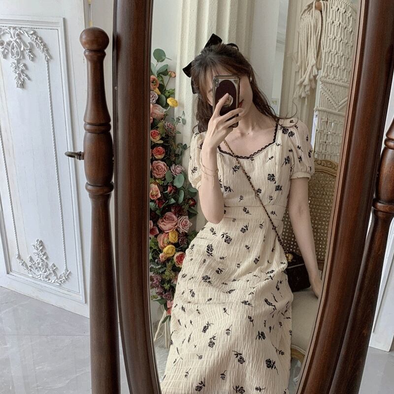 【dress】美人度アップレトロ気質スウィートパフスリーブ森ガール花柄スカート