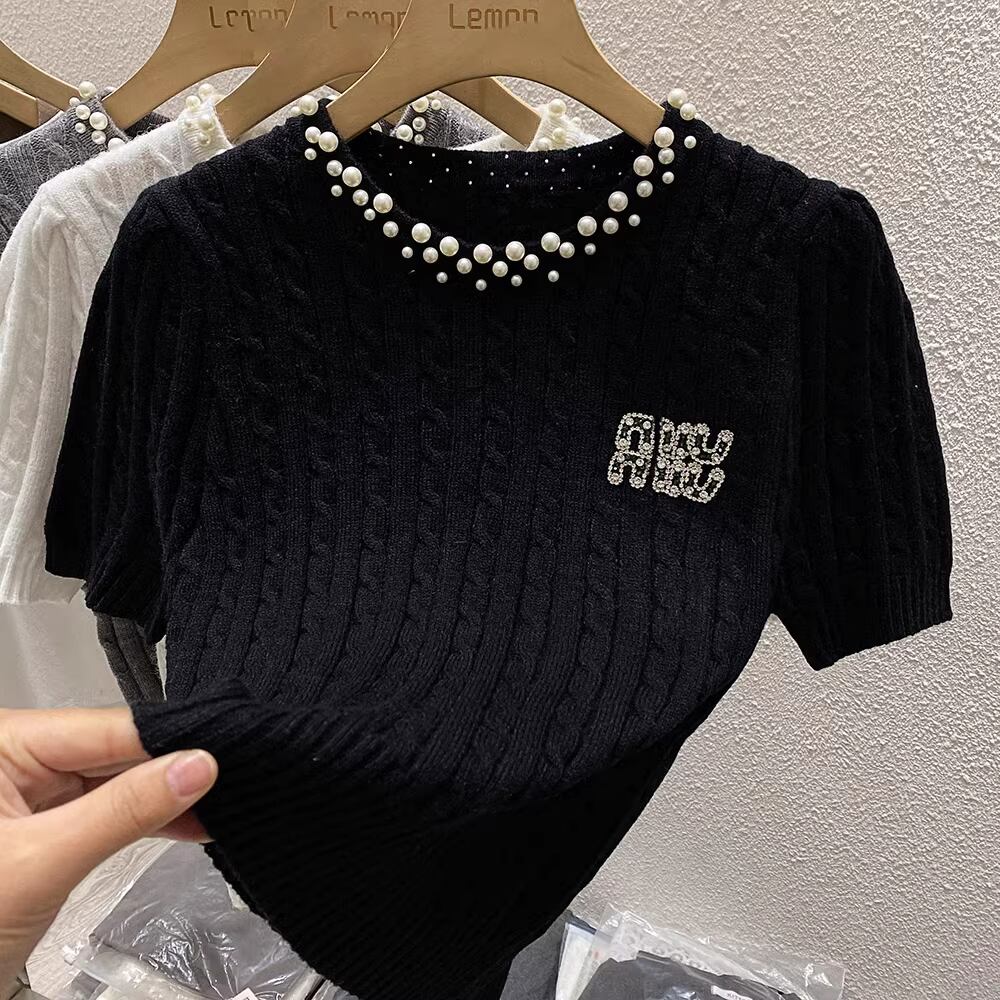 【tops】パール半袖ニットトップス M21885