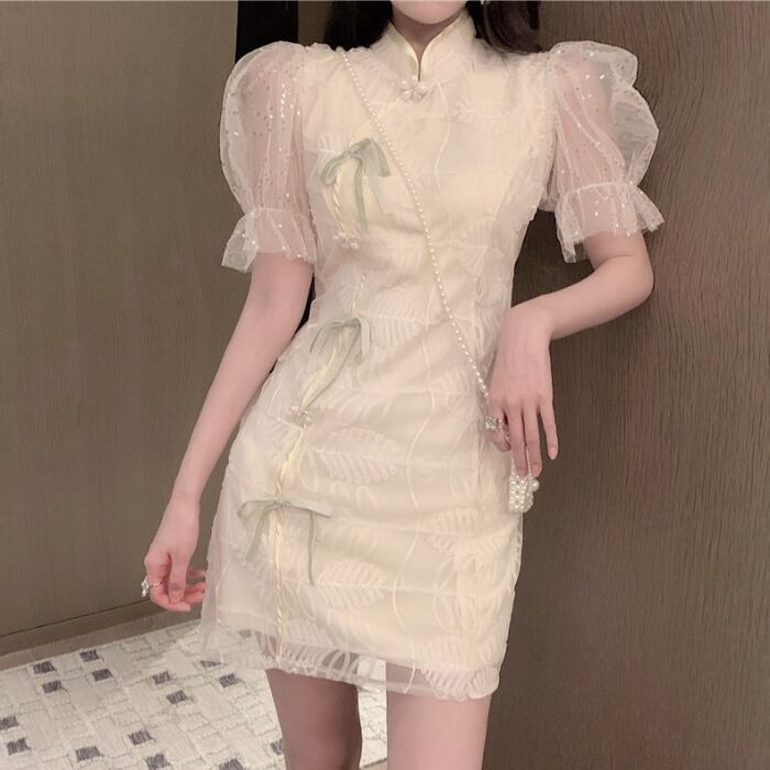【dress】美人度アップ!韓国系レトロパフスリーブ刺繍スタンドネックチャイナドレススカート