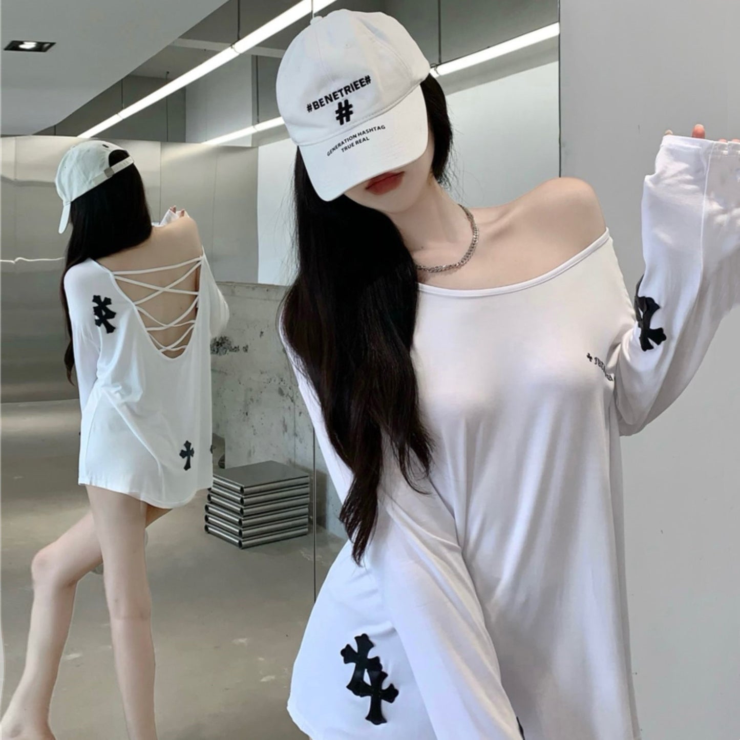 【Tops】バック透かし彫り薄いTシャツ W13113